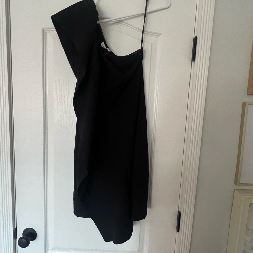 Calvin Klein one-shoulder black formal dress with ruffle sash